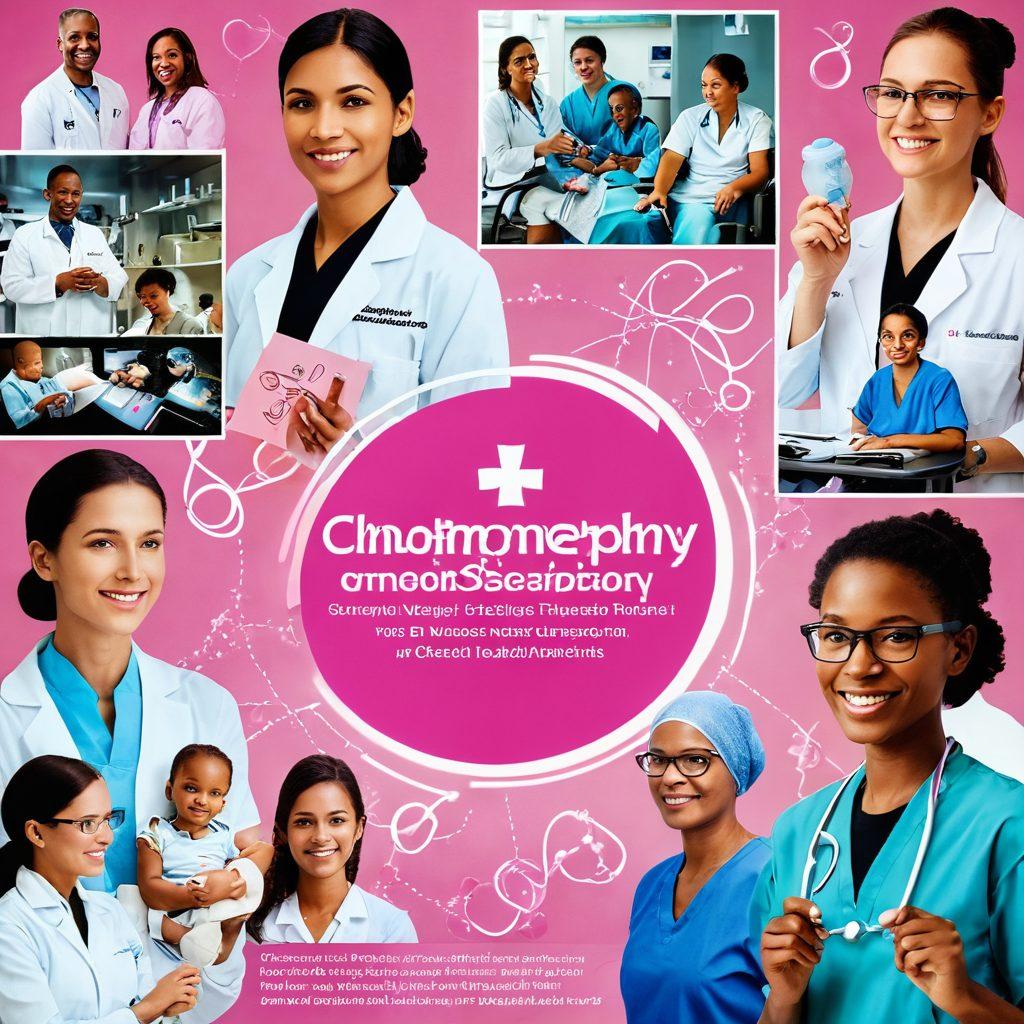 A vibrant and informative collage showcasing various oncology treatment options such as chemotherapy, immunotherapy, and targeted therapy. Include symbols of survivorship like a pink ribbon and a healthy patient smiling with family. Background elements should feature a futuristic lab with medical equipment, graphs, and a diverse group of researchers collaborating. Highlight a sense of hope and advancement in medical research. super-realistic. vibrant colors. 3D.
