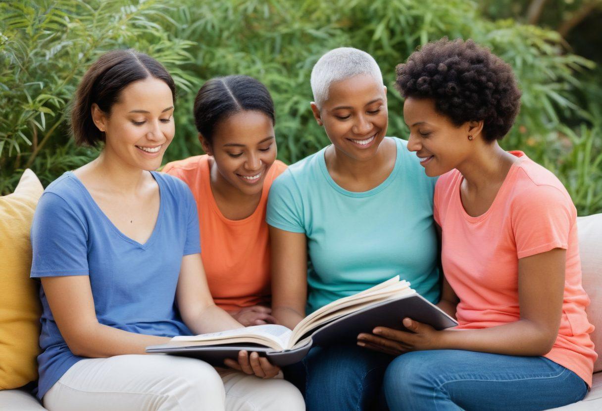A comforting support scene featuring a diverse group of people sitting together, sharing stories and resources about cancer. Incorporate an open book labeled 'Resources' with various colorful tabs, and a laptop displaying research articles. Soft natural lighting to evoke warmth and hope, with gentle touches of greenery around. compassionate expressions are visible, showing empathy and solidarity. painting. vibrant colors.
